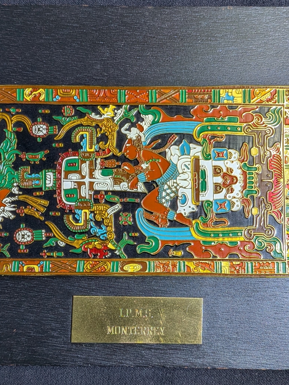 Vintage Mexican Cre.Art Enamel Aztec Plaque I.P.M.S. Monterrey Wood Base NM+
